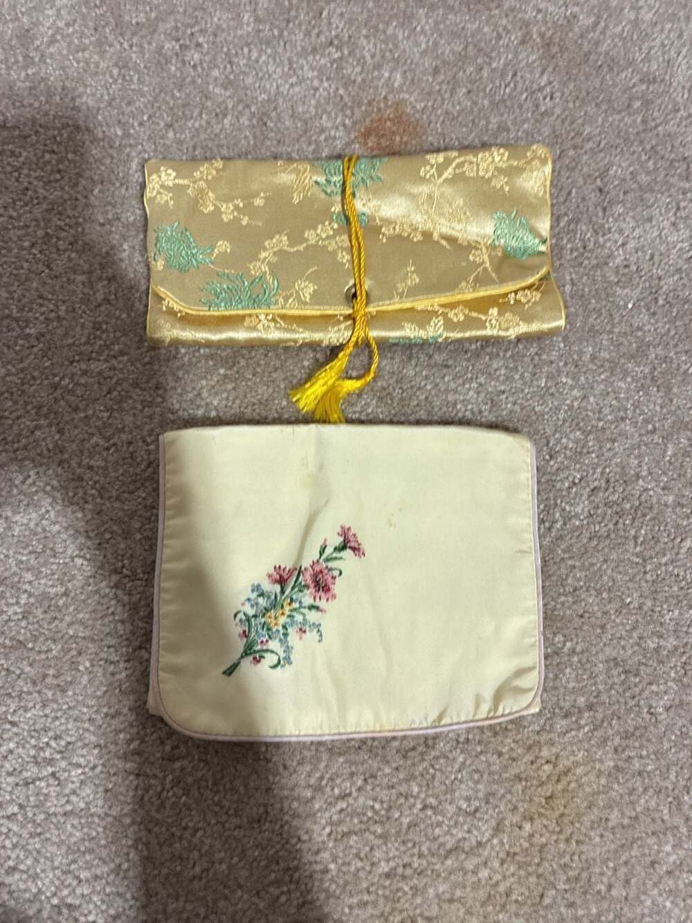 Vintage Asian Brocade Silk Jewelry Roll Organizer and Pouch Set
